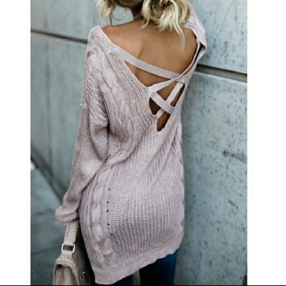 CORINNE Oversized Cable Knit Tunic Sweater Criss Cross Lace Back Mauve Sm/Md NWT
